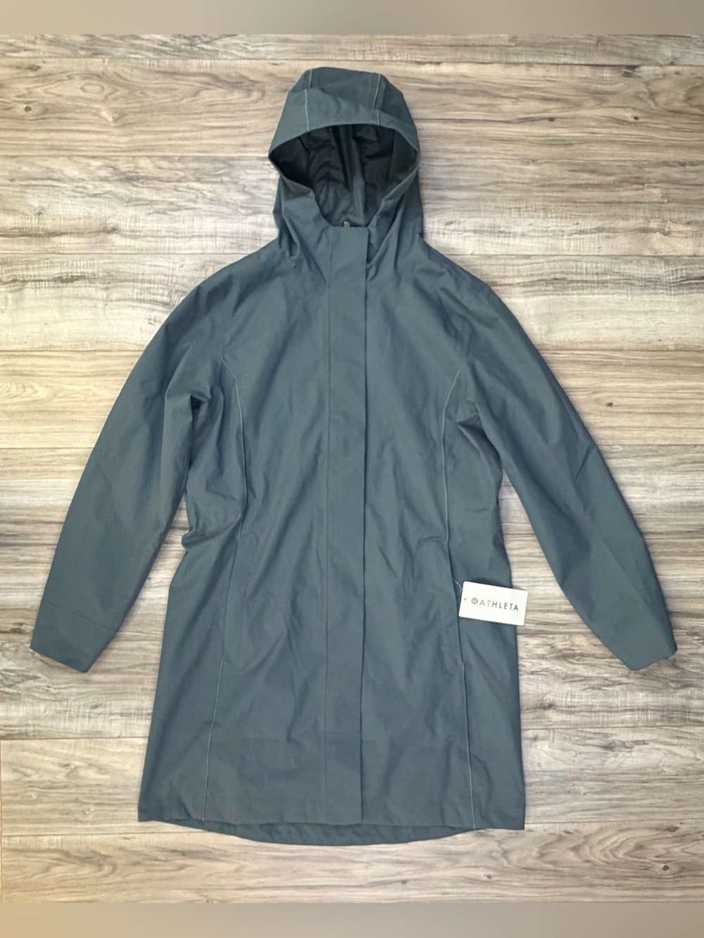Athleta Rainout Ridge Long Trench Coat Waterproof Hooded Slate Women Size L/T